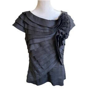 Tadashi Black taffeta Blouse Women's 14 flower Detail Artsy whimsygoth statement